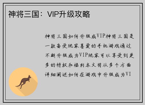 神将三国：VIP升级攻略