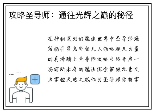 攻略圣导师：通往光辉之巅的秘径